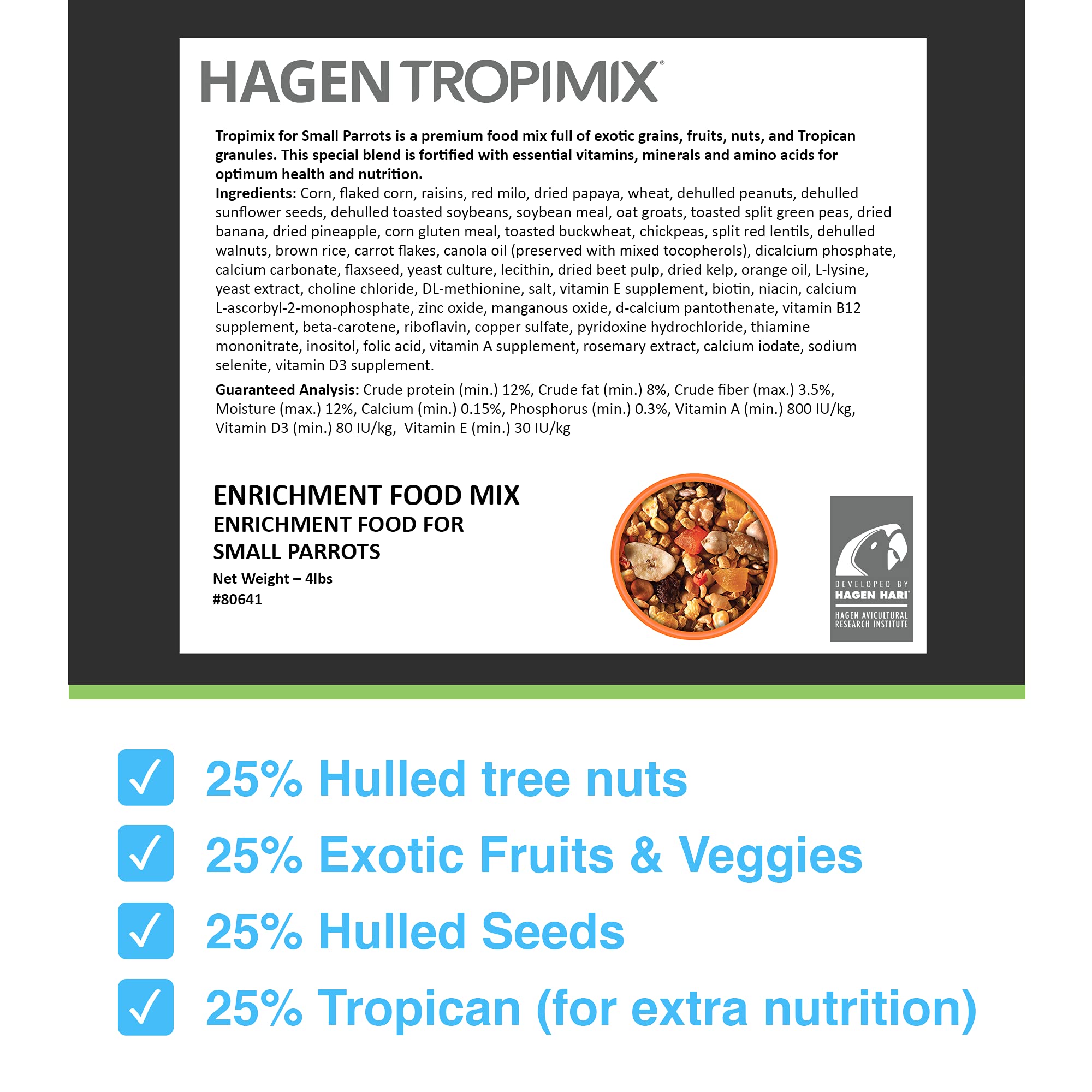 Hari Hagen Tropimix Enrichment Food for Small Parrots, 4 lb. (1.8 kg) - HARI Small Parrot Food with Seeds, Fruit, Nuts, Vegetables, Grains, and Legumes