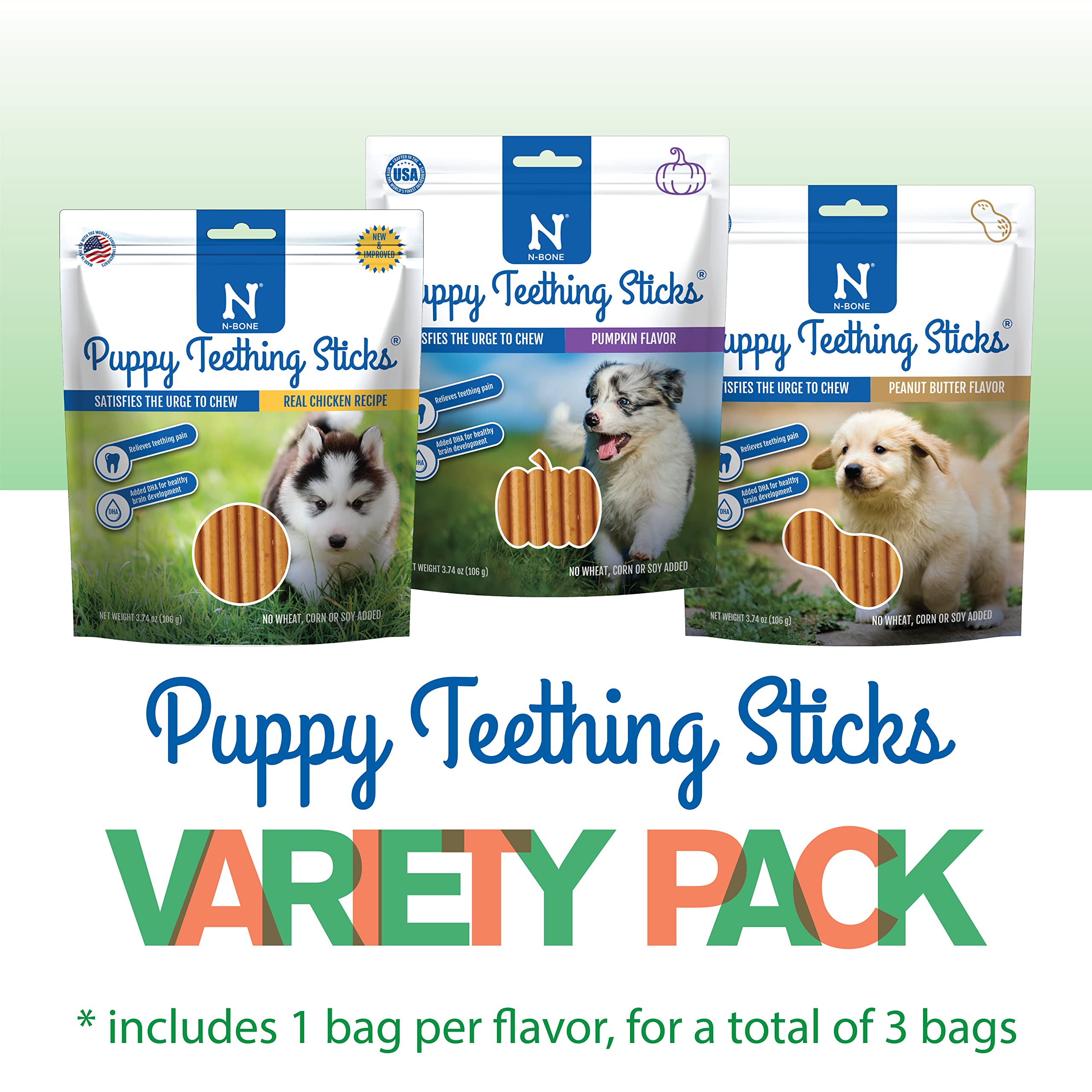 N-Bone Puppy Teething Sticks Variety Pack, Chicken & Pumpkin & Peanut Butter Flavor, Total 3 Bags, 11.22-oz