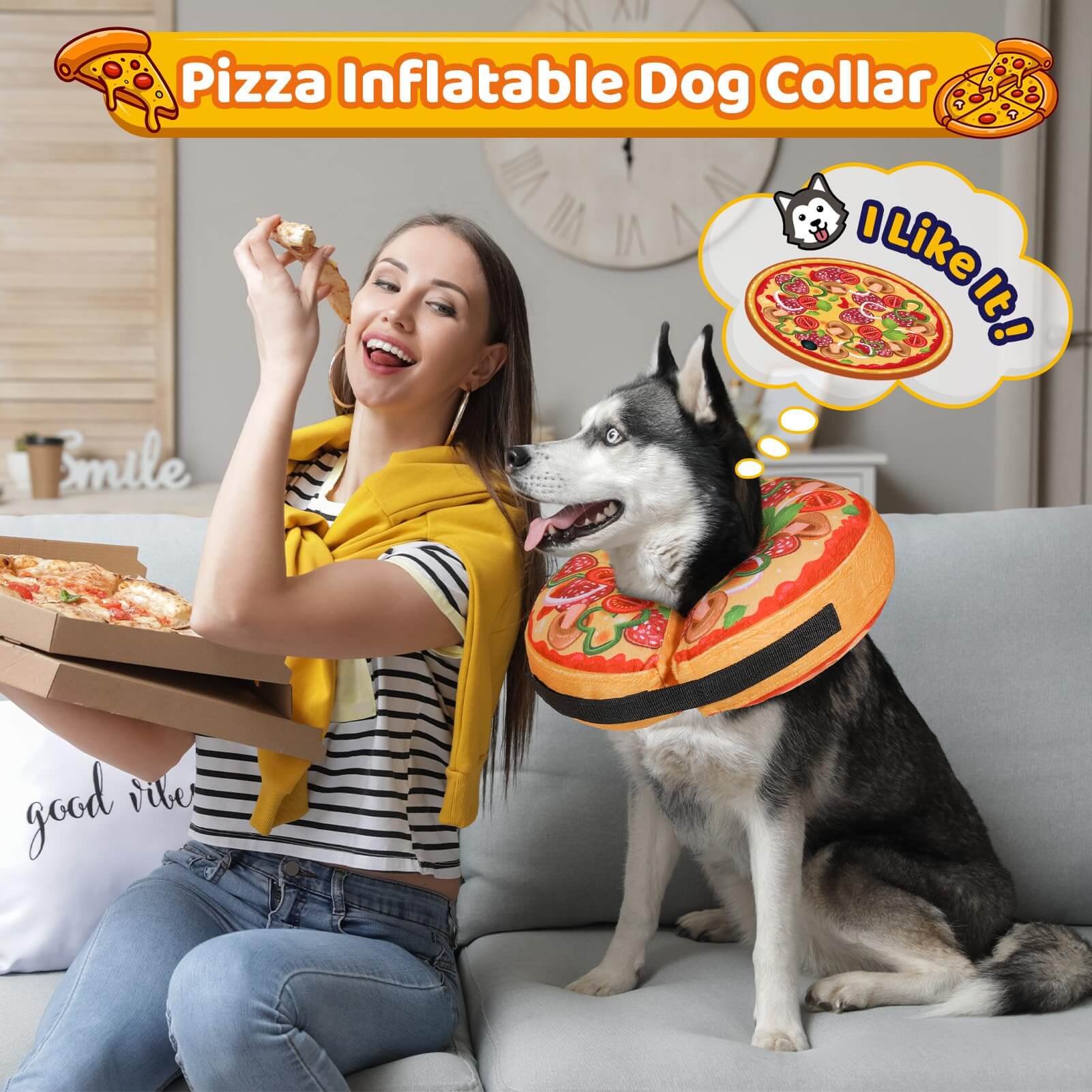 Grand Line Pizza Inflatable Collar for Dog and Cat, Soft Protective Recovery Cone After Surgery, Blow up Pet Donut Collar Cone, E-Collar Alternative Does not Block Vision (Cartoon, Small)