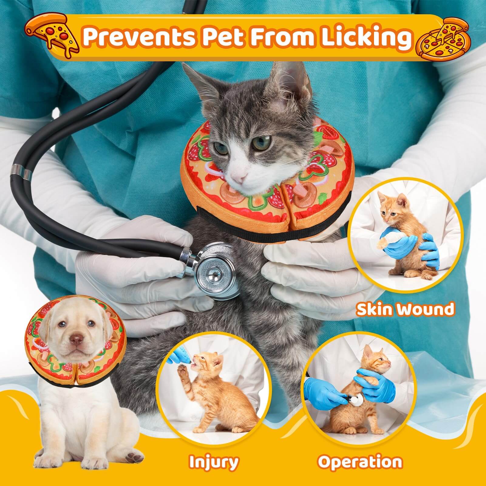 Grand Line Pizza Inflatable Collar for Dog and Cat, Soft Protective Recovery Cone After Surgery, Blow up Pet Donut Collar Cone, E-Collar Alternative Does not Block Vision (Cartoon, Small)