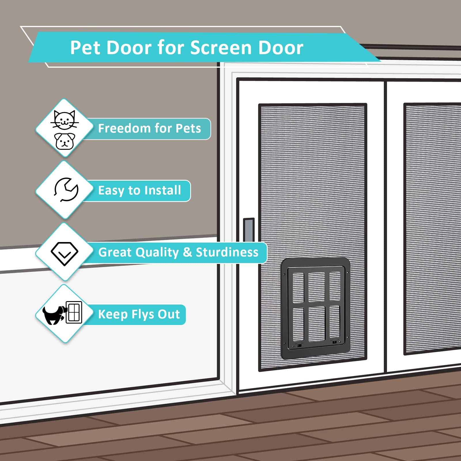 Dog Screen Door, Inside Door Flap 11x13 Inch Lockable Pet Screen Door Magnetic Closure Sturdy Doggie Door for Screen Door(Black)