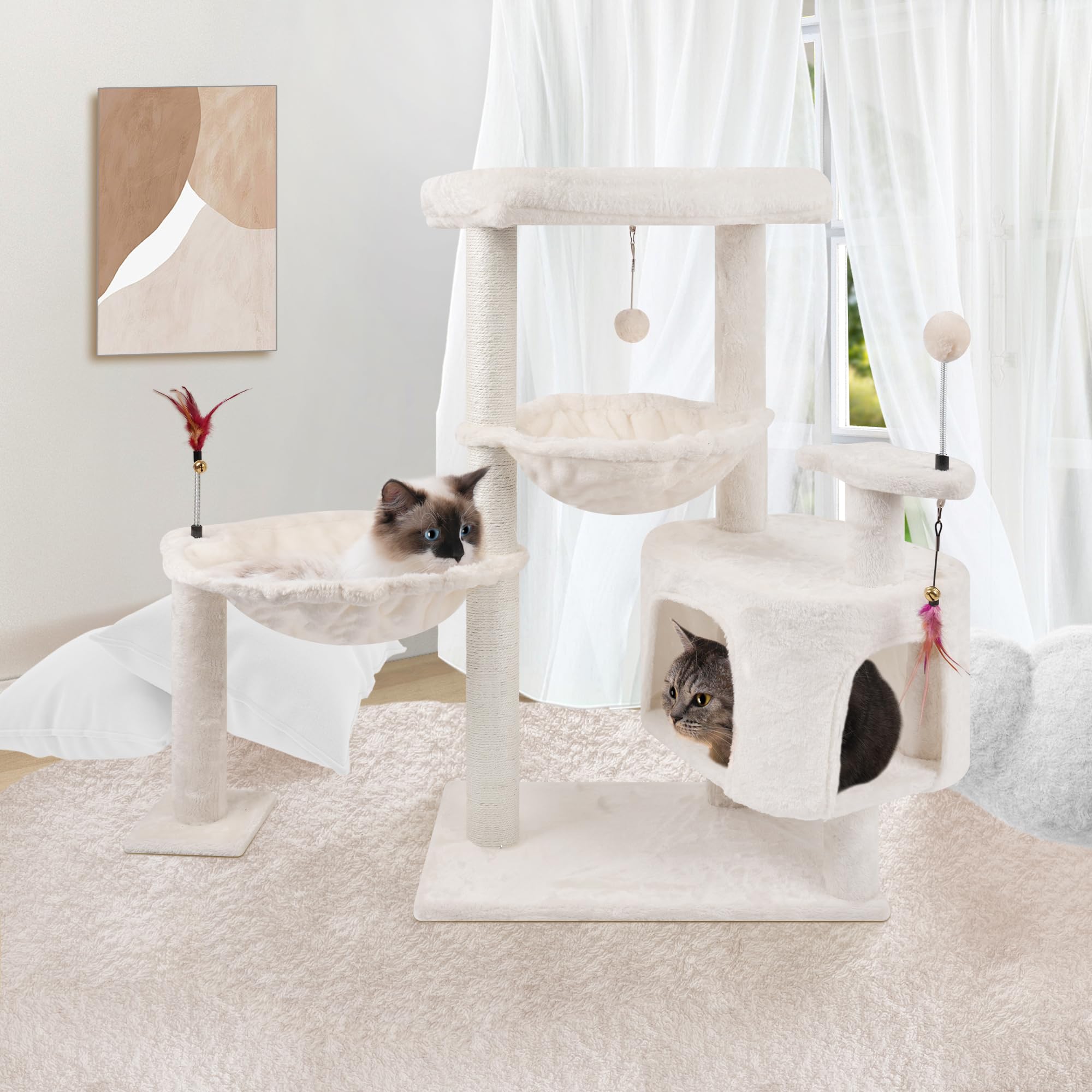 YOUPET 33.46" Cat Tree Tower with Cat Condo and Scratching Post for Indoor Cats, Activity Center Cat Furniture with Two Big Hammock and Spring Toy Balls, Beige