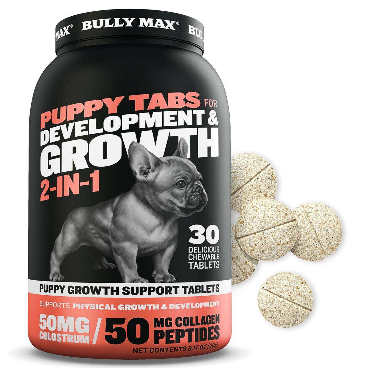 Bully Max 2-in-1 Puppy Vitamins - 30 Chewable Tablets for Development and Growth of Puppies - Dog Vitamin Tablet Supplements for Small Dogs, Large Breed Pups and Growing Dogs (Feed 1-2 Tabs per Day)