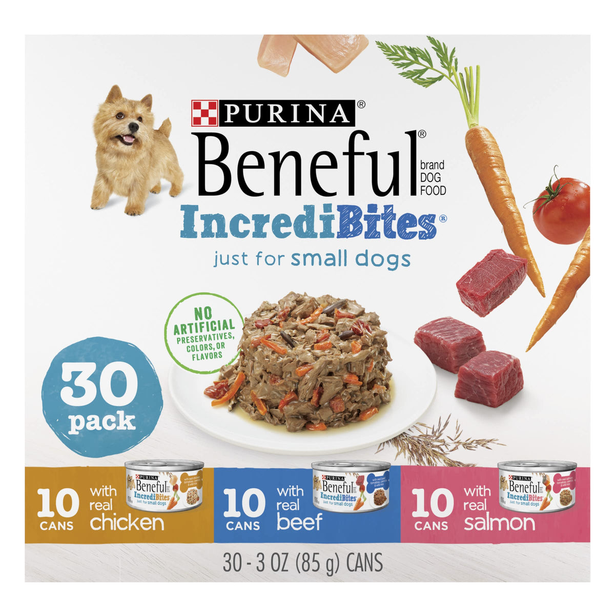 Purina Beneful Small Breed Wet Dog Food Variety Pack, IncrediBites With Real Beef, Chicken or Salmon - (Pack of 30) 3 oz. Cans