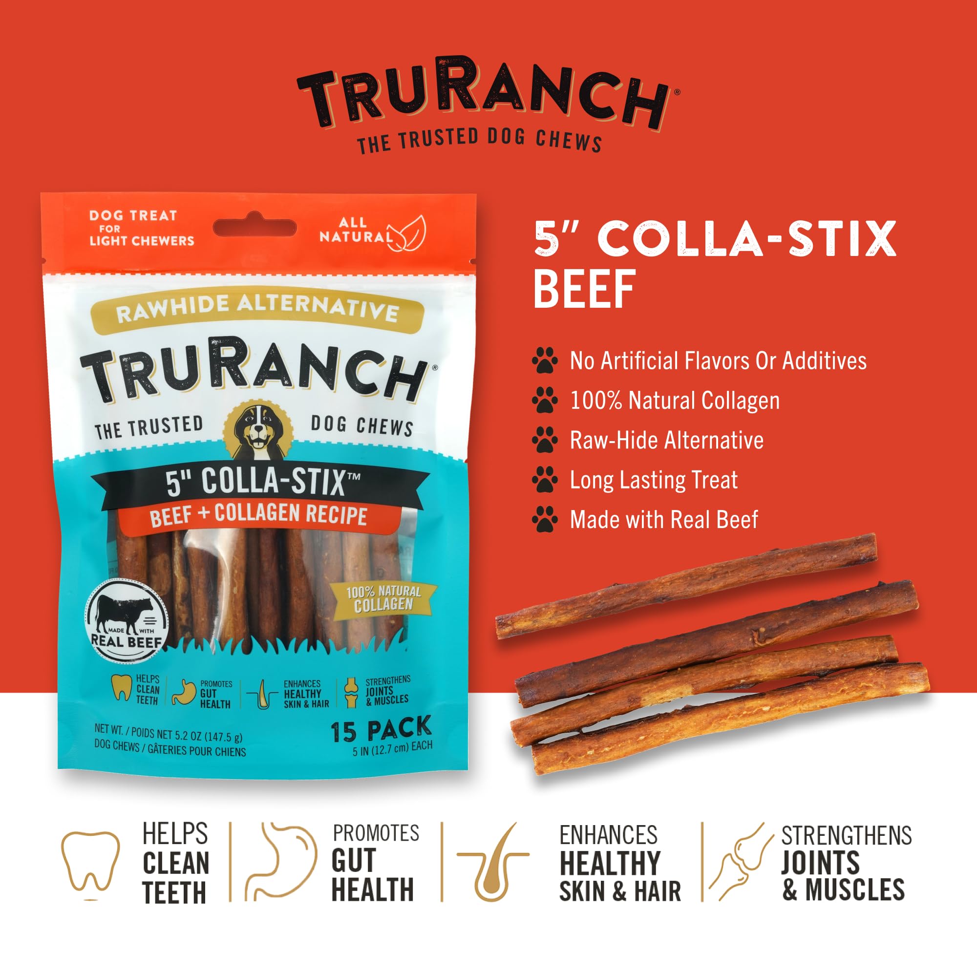 TRURANCH 5" Collagen Sticks, Beef, Healthy Joint Support Dog Treat, Rawhide Alternative, Skin & Coat Health, Made with Real Beef, 1 Bag, 15 Count