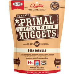 Primal Freeze Dried Cat Food Nuggets Pork; Complete & Balanced Meal or Topper; Premium, Healthy, Grain Free, High Protein Raw Cat Food with Probiotics (14 oz)