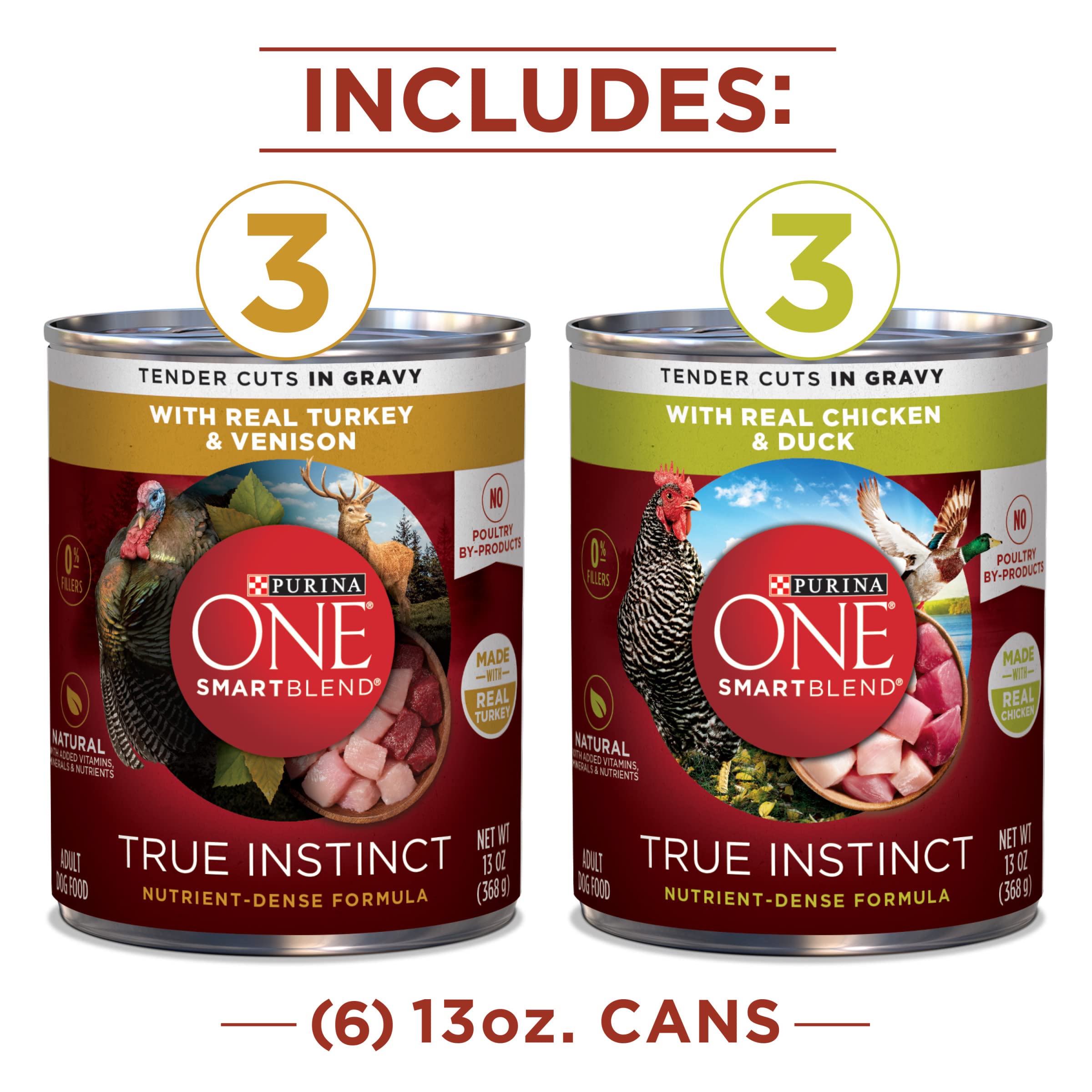 Purina ONE True Instinct Tender Cuts in Gravy with Real Turkey and Venison, and with Real Chicken and Duck High Protein Wet Dog Food Variety Pack - (Pack of 6) 13 Oz. Cans