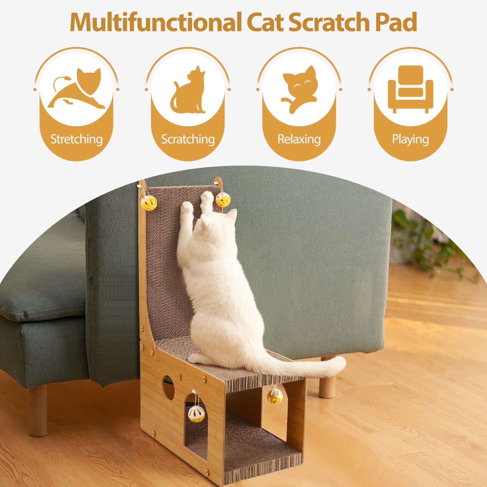 Cat Scratcher, Cat Scratching Board, L Shaped Vertical Cat Scratcher for Wall and Couch Protection, Cat Scratching Board with 4 Cat Ball Toys for Indoor Cats