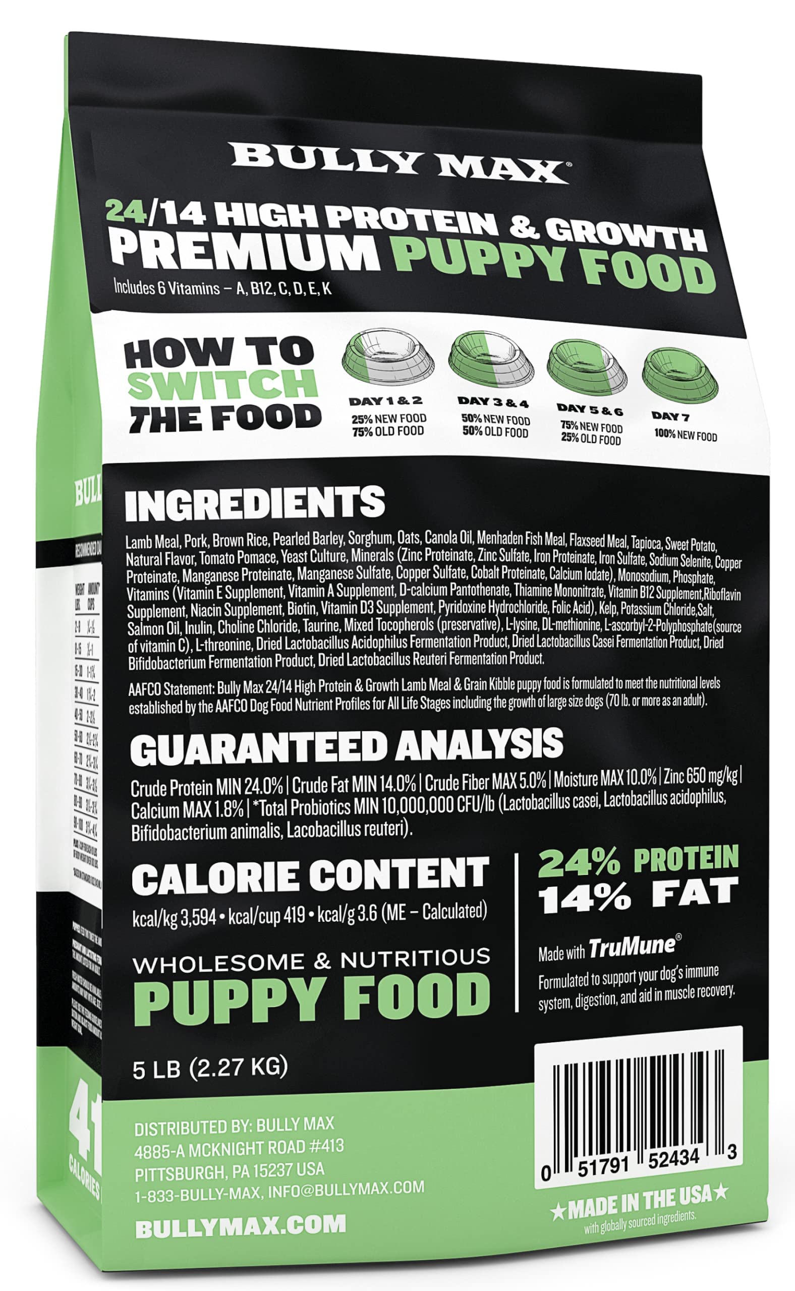 Bully Max Puppy Food 24/14 High Protein & Growth Formula - Dry Dog Food with Lamb and Rice for Small Dogs and Large Breed Puppies - Natural, Slow-Cooked, Sensitive Stomach Pet Food, 5-Pound Bag