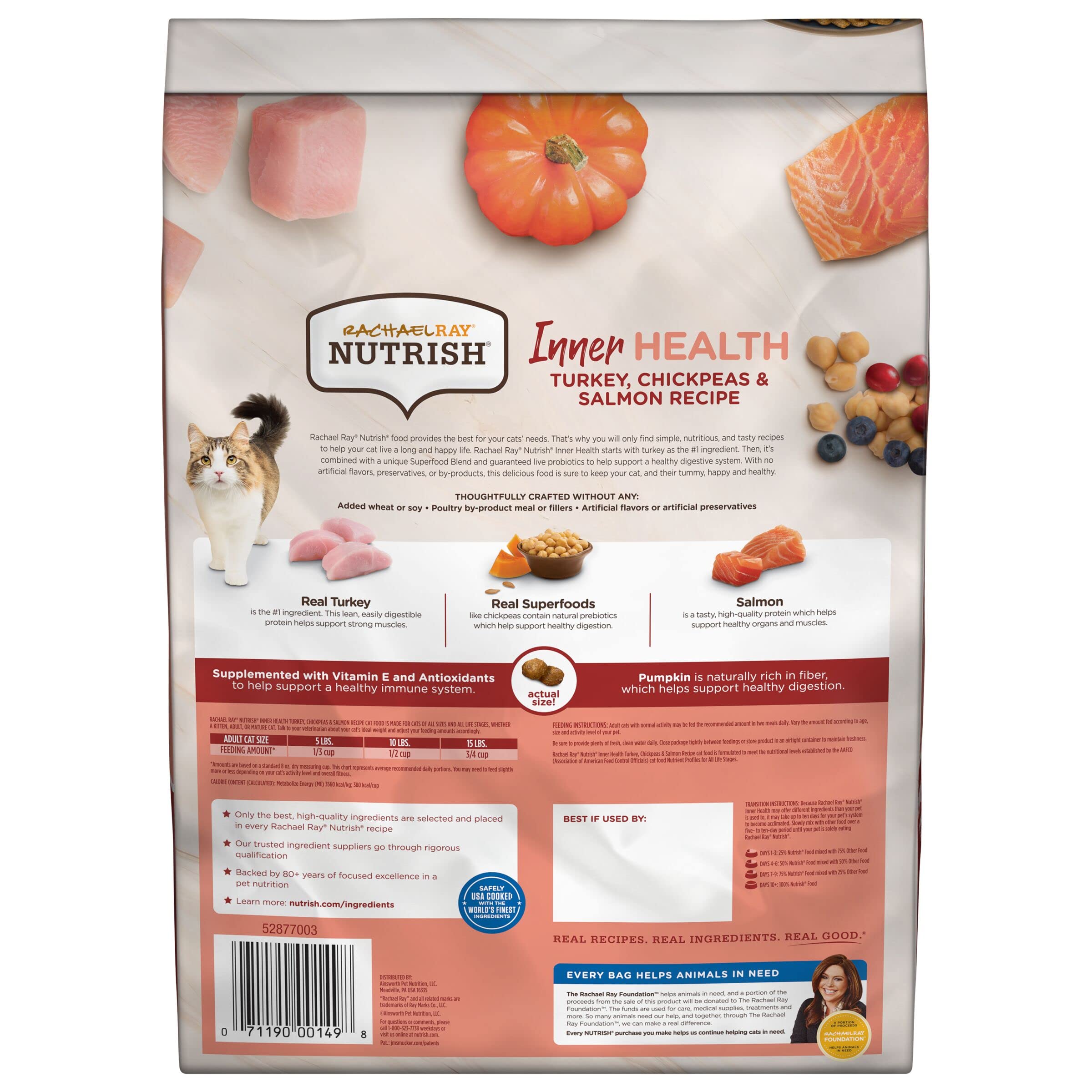 Rachael Ray Nutrish Inner Health Premium Natural Dry Cat Food with Added Vitamins, Minerals & Other Nutrients, Turkey with Chickpeas & Salmon Recipe, 6 Pounds