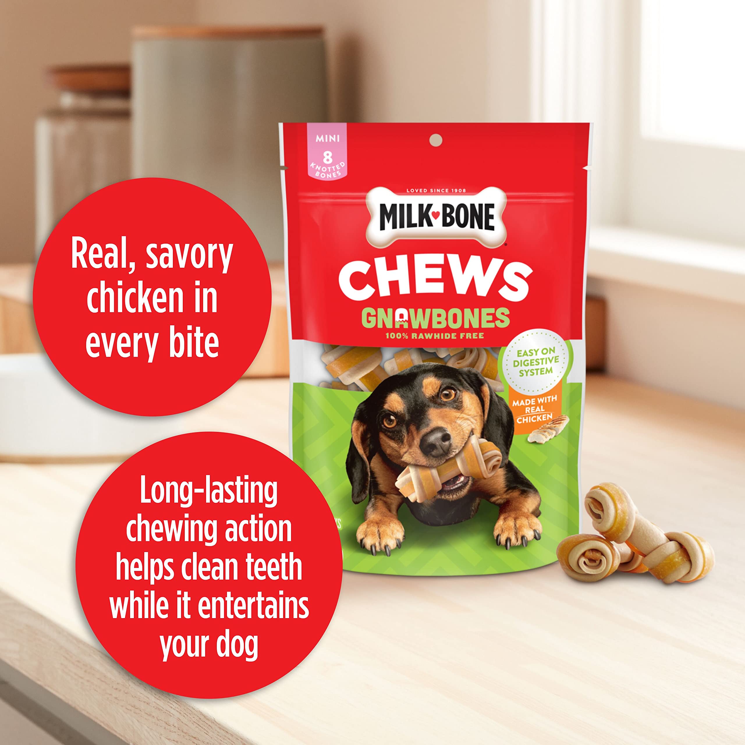 Milk-Bone Chews GnawBones Rawhide Free Dog Treats, Chicken, 30 Long Lasting Mini Knotted Bones