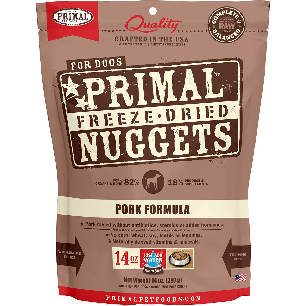 Primal Freeze Dried Dog Food Nuggets, Pork; Complete & Balanced Meal; Also Use as Topper or Treat; Premium, Healthy, Grain Free, High Protein Raw Dog Food, 14 oz