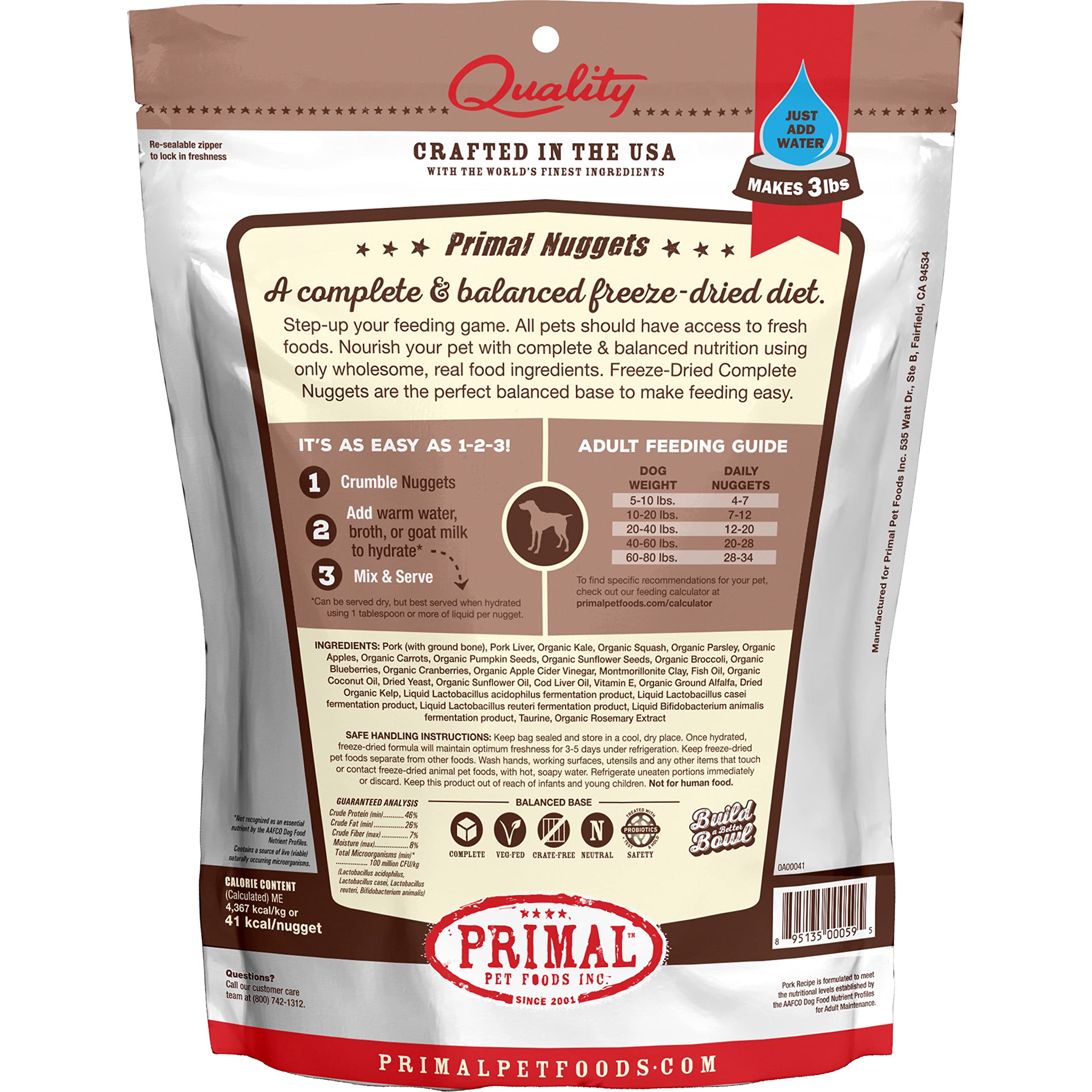 Primal Freeze Dried Dog Food Nuggets, Pork; Complete & Balanced Meal; Also Use as Topper or Treat; Premium, Healthy, Grain Free, High Protein Raw Dog Food, 14 oz