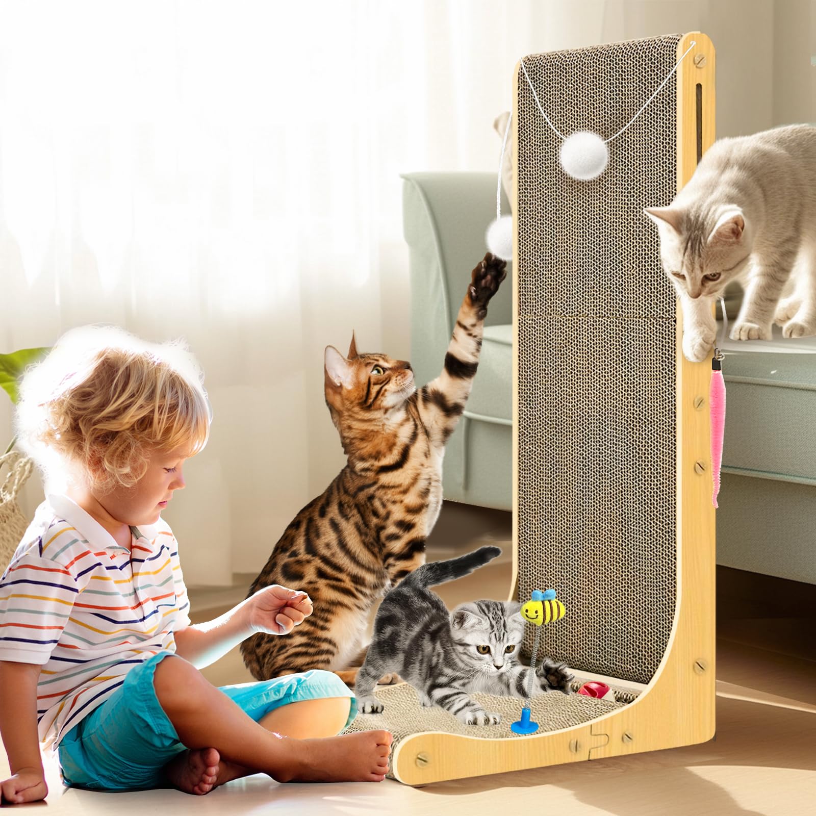 Cat Scratcher, L Shaped Cat Scratcher, 29.5 Inch Cat Scratching Board, Cat Scratchers for Indoor Cats Wall Mounted with 1 Bells, 3 Fur Balls, 1 Dolls and Catnip, X-Large