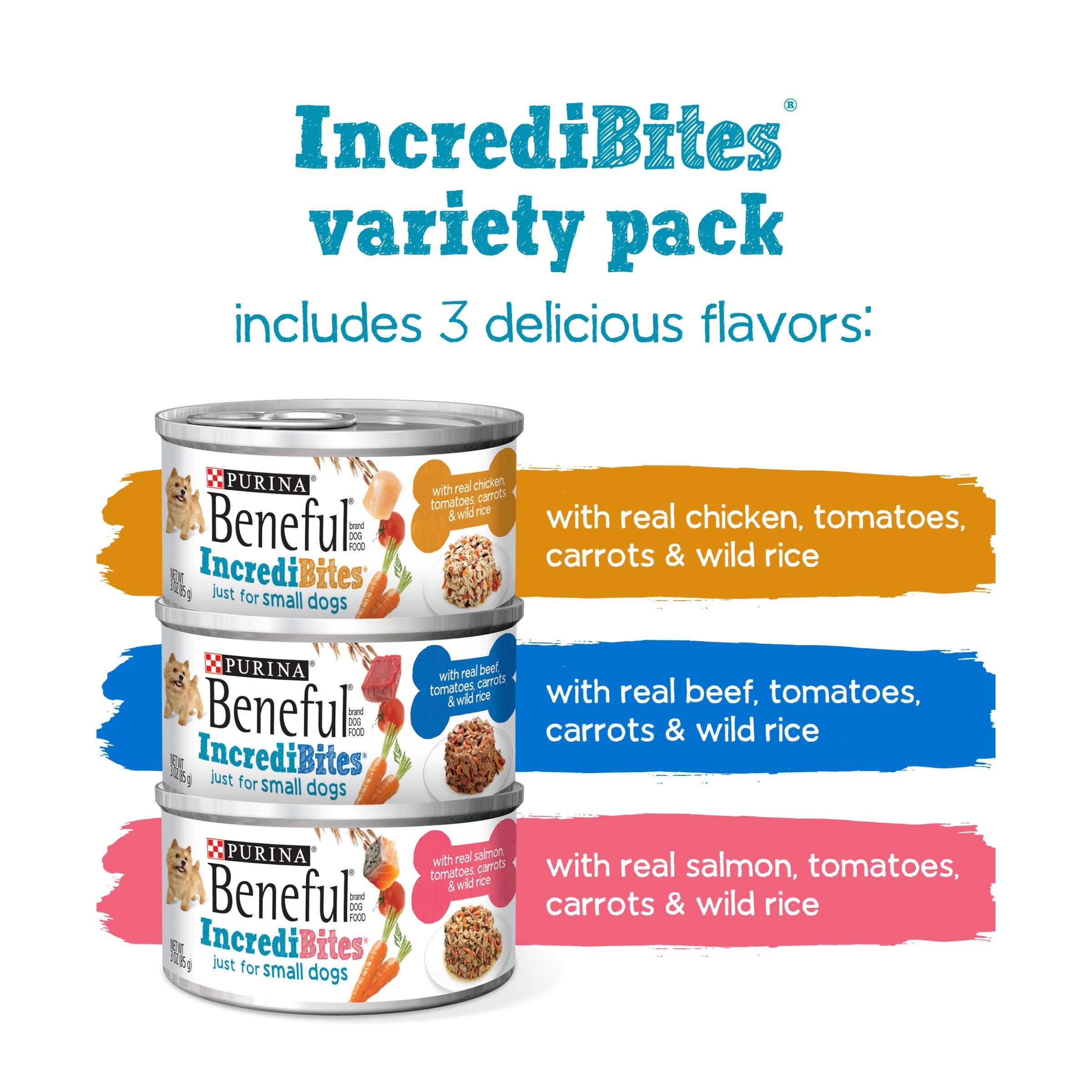 Purina Beneful Small Breed Wet Dog Food Variety Pack, IncrediBites With Real Beef, Chicken or Salmon - (Pack of 30) 3 oz. Cans