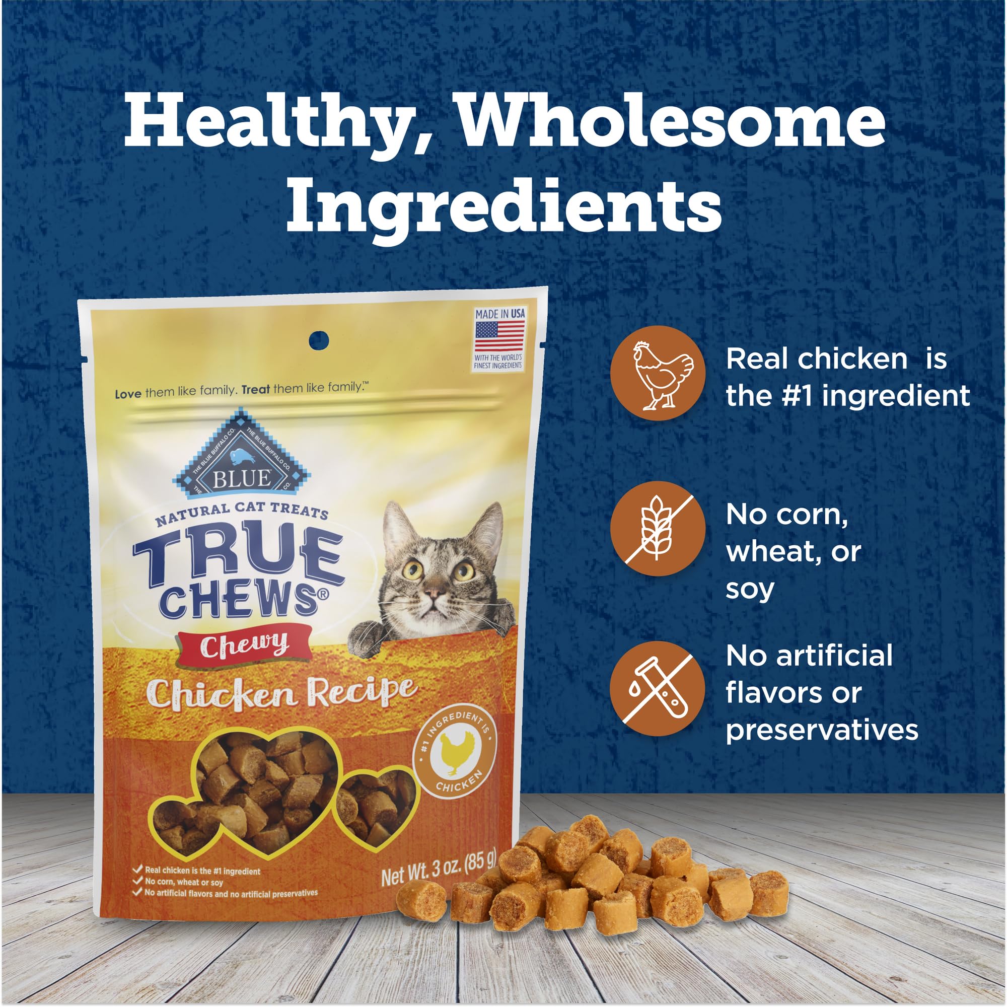 Blue Buffalo True Chews Natural Chewy Cat Treats, Made in the USA, Chicken Recipe, 3-oz. Resealable Bag