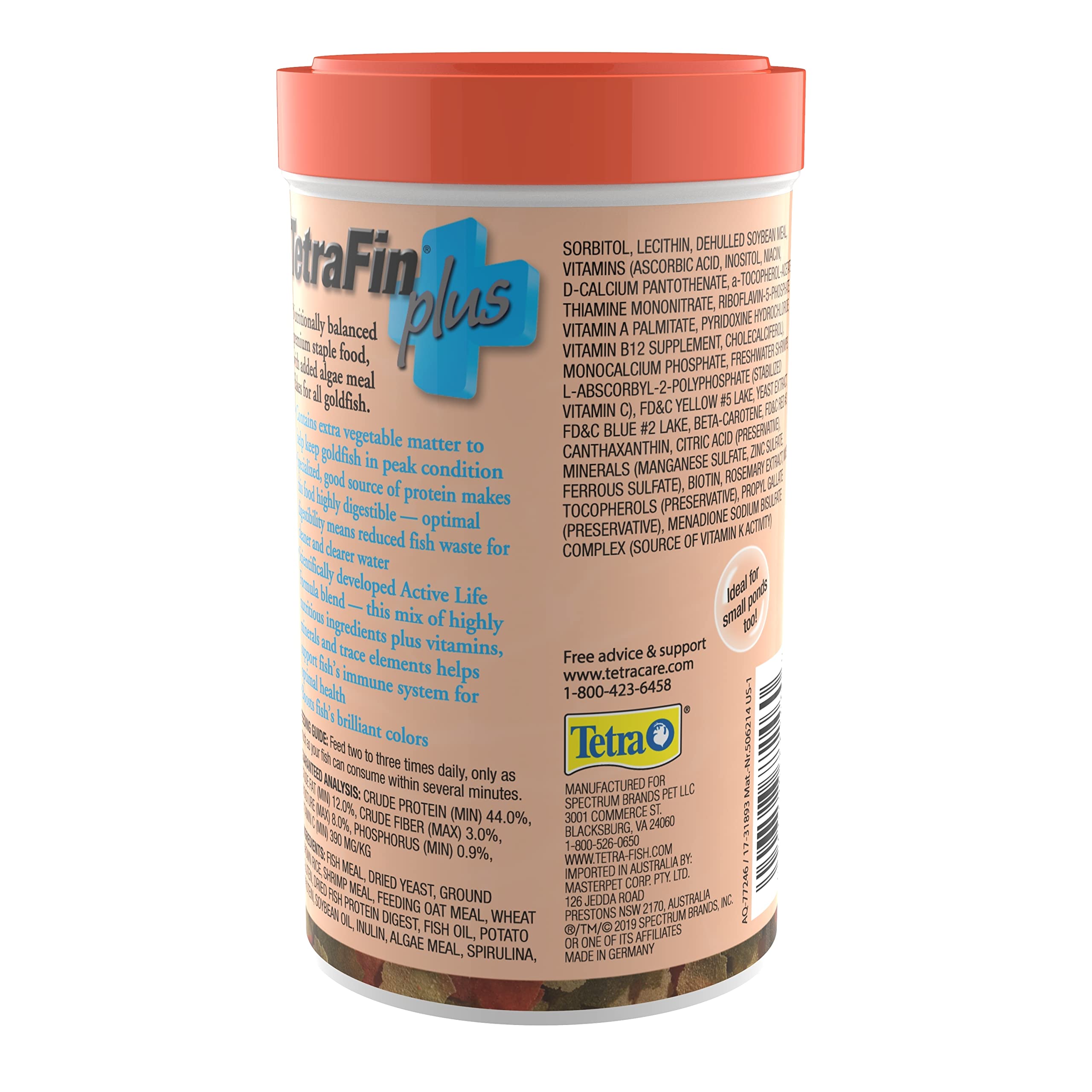 TetraFin Plus Goldfish Flakes 2.2 Ounces, Balanced Diet, With Algae To Promote Health,Oranges