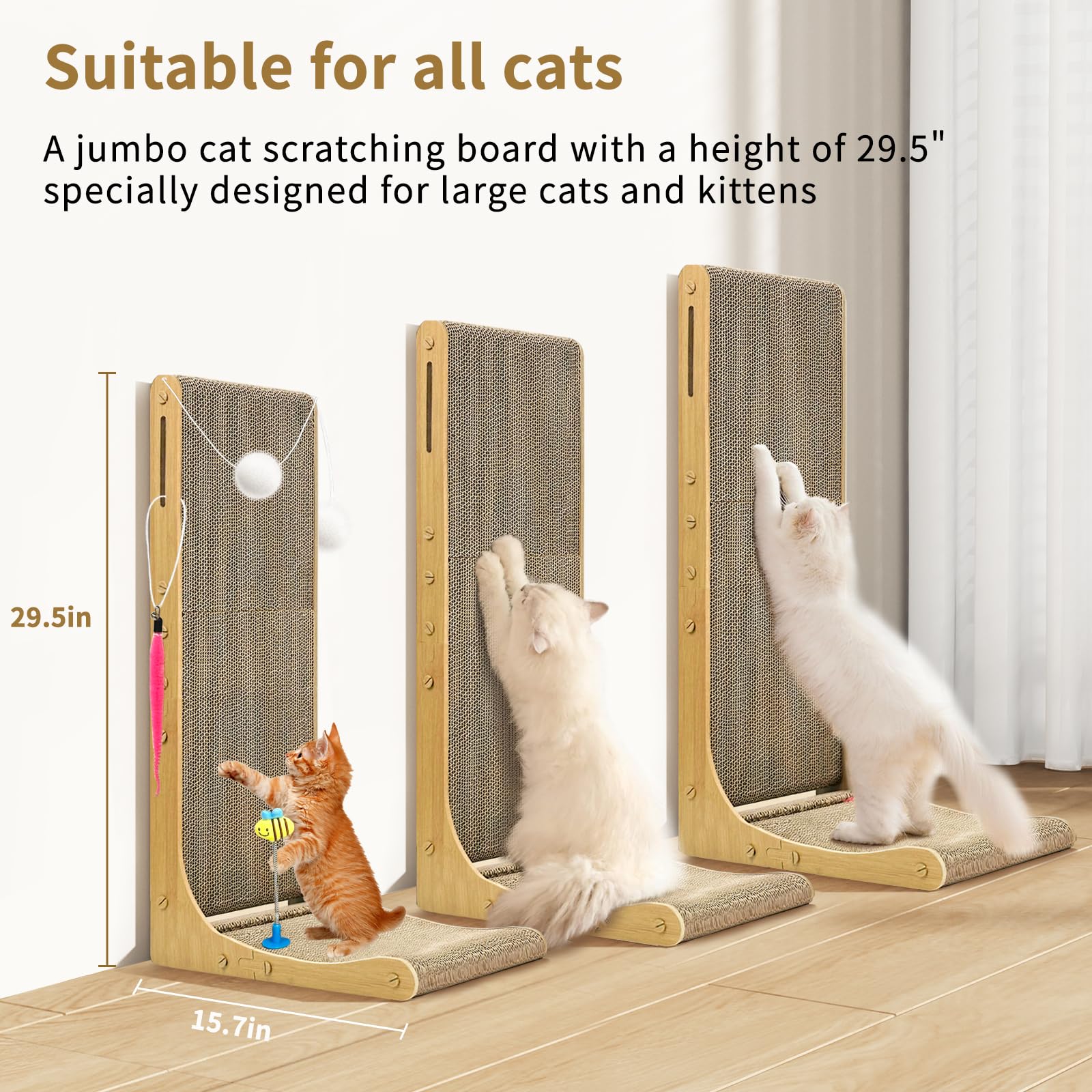 Cat Scratcher, L Shaped Cat Scratcher, 29.5 Inch Cat Scratching Board, Cat Scratchers for Indoor Cats Wall Mounted with 1 Bells, 3 Fur Balls, 1 Dolls and Catnip, X-Large