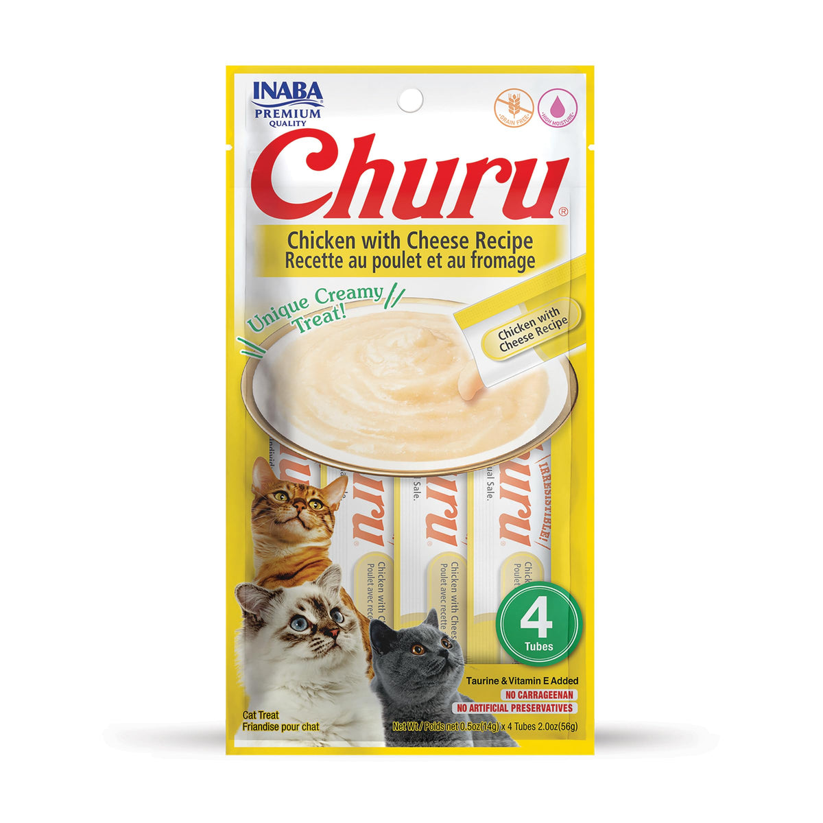 INABA Churu Cat Treats, Grain-Free, Lickable, Squeezable Creamy Purée Cat Treat/Topper with Vitamin E & Taurine, 0.5 Ounces Each Tube, 4 Tubes, Chicken with Cheese Recipe