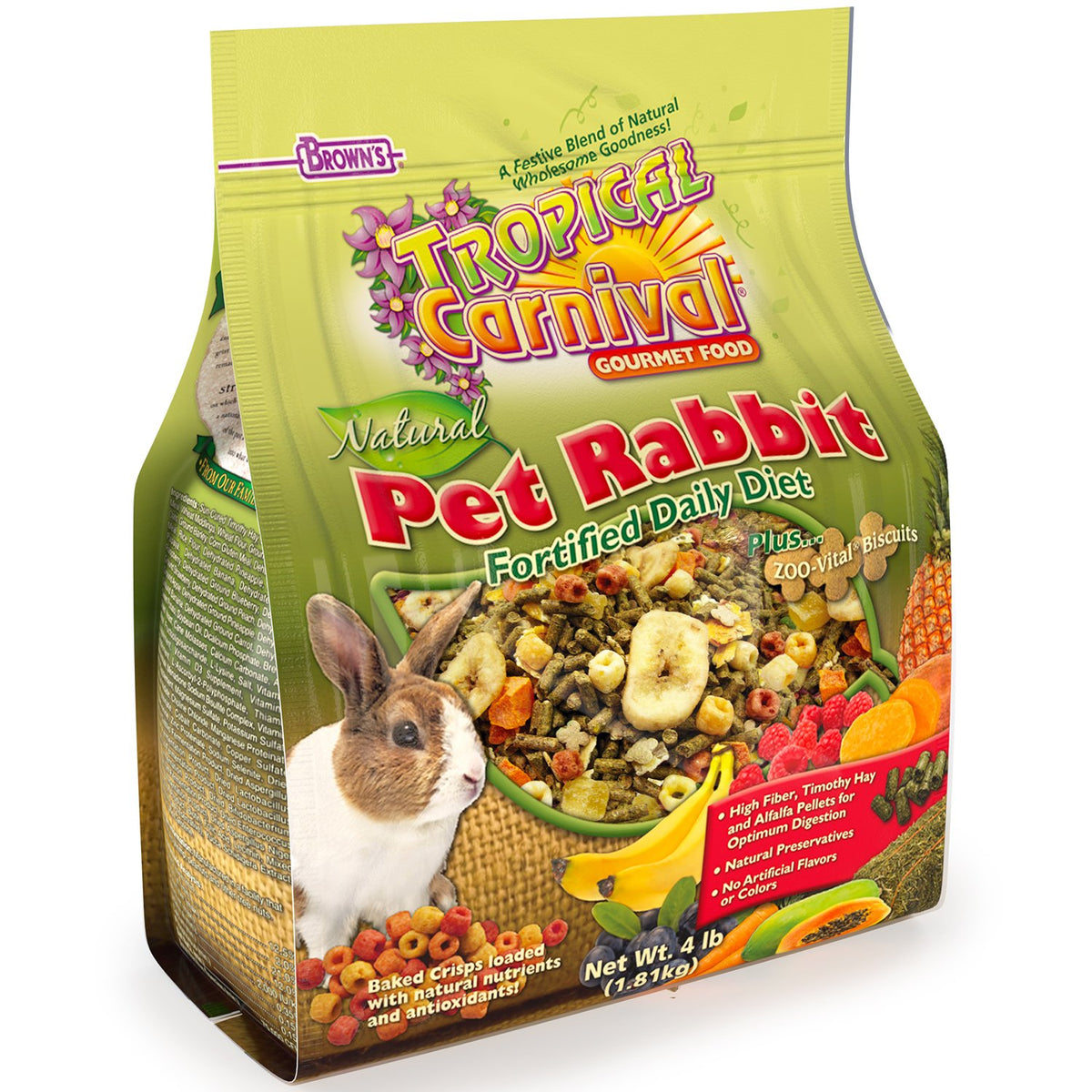 F.M. Brown's Tropical Carnival Natural Rabbit Food, 4-lb Bag - Vitamin-Nutrient Fortified Daily Diet with High Fiber Timothy Hay and Alfalfa Pellets for Optimum Digestion