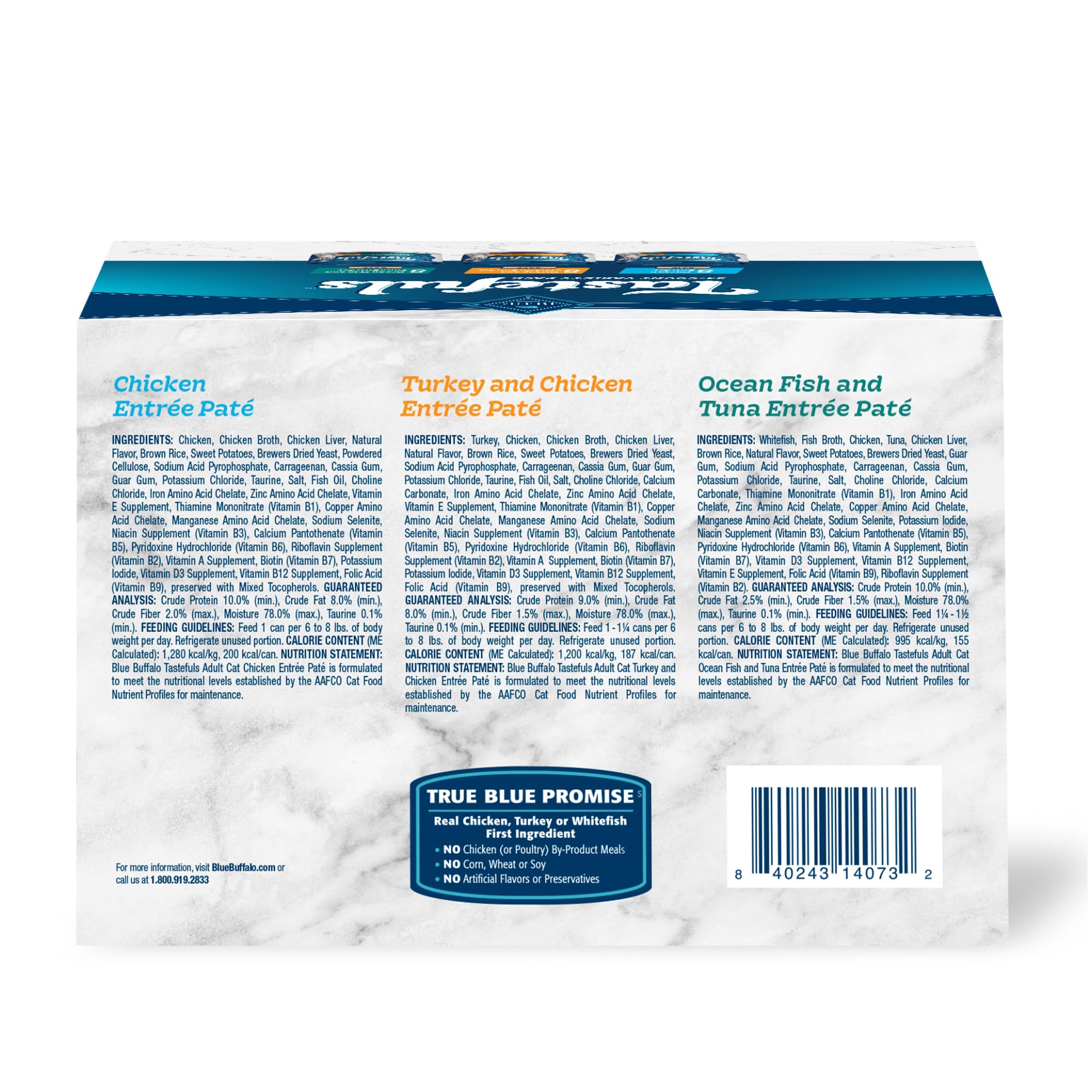 Blue Buffalo Tastefuls Wet Cat Food Paté Variety Pack, Made with Natural Ingredients | Chicken, Turkey & Chicken, Ocean Fish & Tuna Entrées, 5.5-oz. Cans (24 Count, 8 of Each)