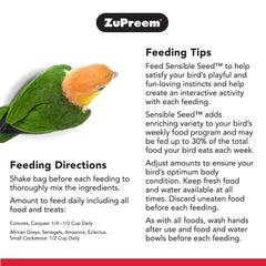 ZuPreem Sensible Seed Bird Food for Parrots & Conures - Premium Blend of Seeds, FruitBlend Pellets for Caiques, African Greys, Senegals, Amazons, Eclectus, Small Cockatoos (2 lb bag)