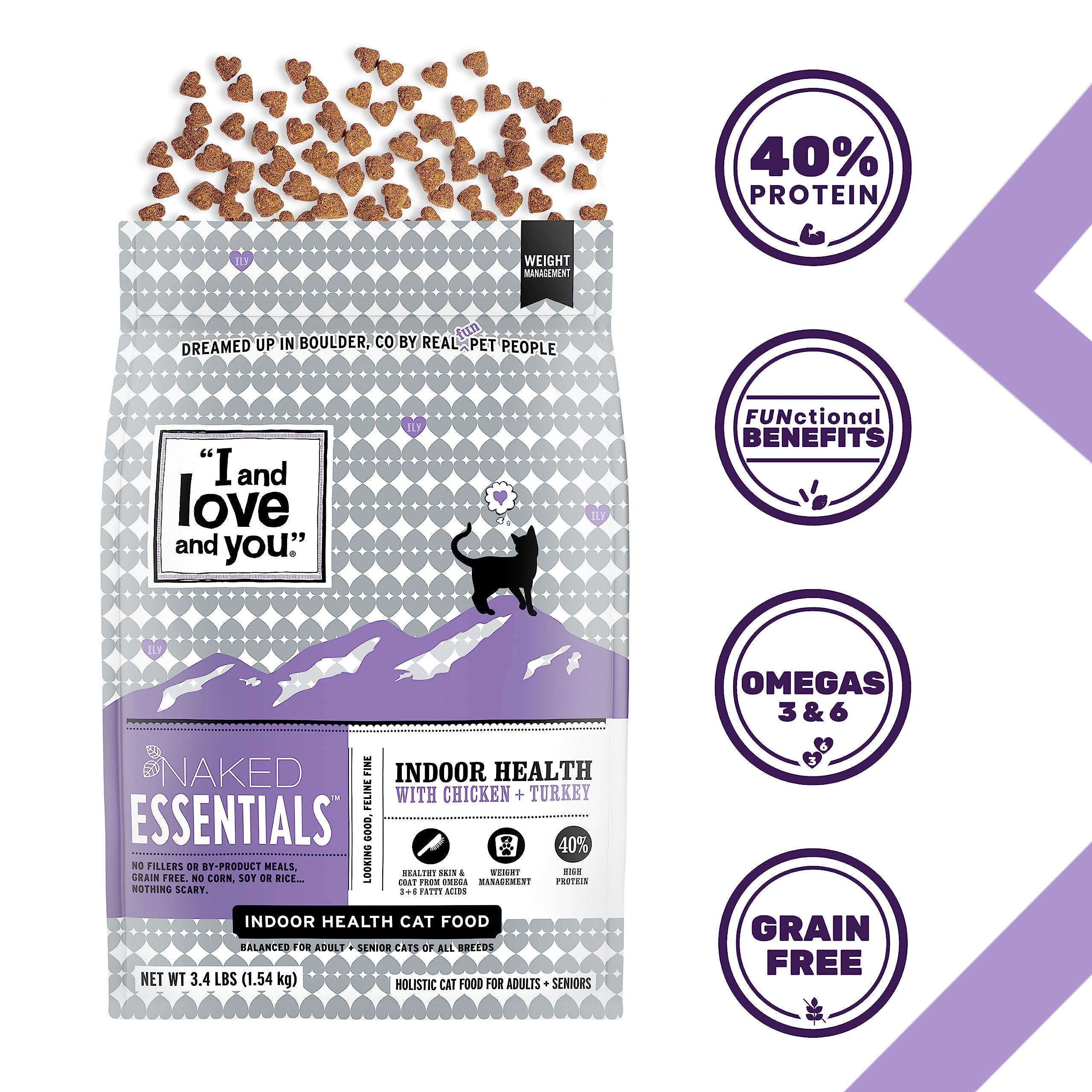 I and love and you Naked Essentials Dry Cat Food - Chicken + Turkey for Indoor Health - Grain Free, Real Meat, No Fillers, 3.4lb Bag