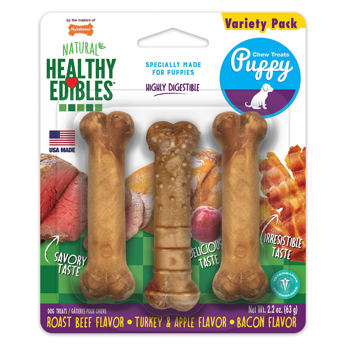 Nylabone Healthy Edibles Natural Puppy Chews Long Lasting Treats for Puppies, Roast Beef, Apple & Bacon Flavor, X-Small/Petite (3 Count)